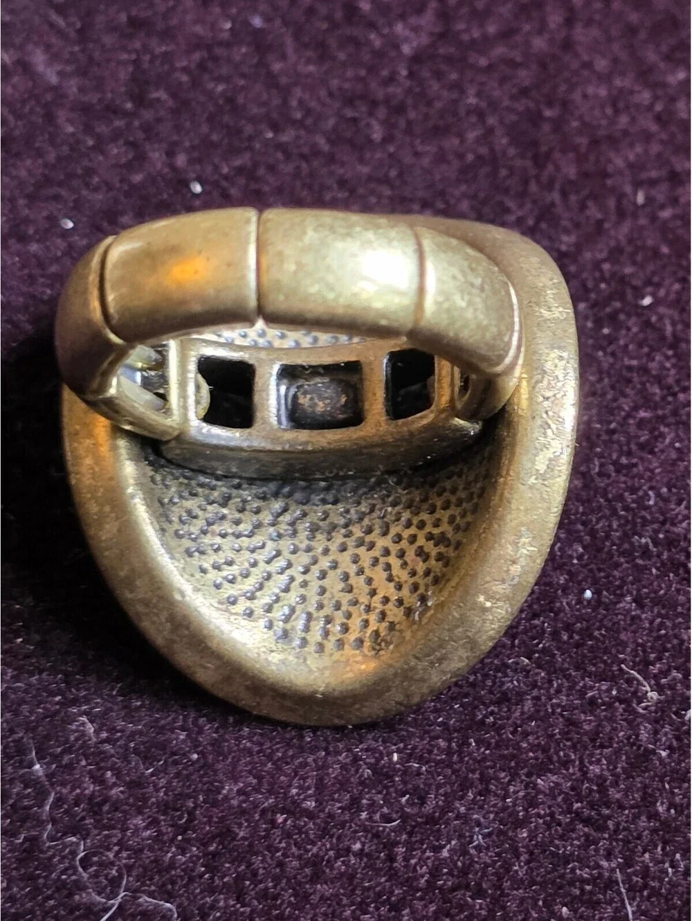 Vintage 1980's Brass Tone Textured Oval Shield Ring Adjustable